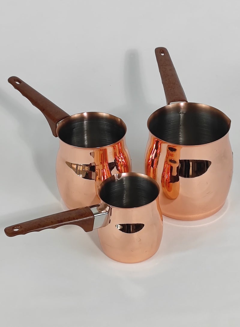 HTH Set of 3 Stainless Steel Classic Turkish Coffee Pots Wood Long Handle Coffee Warmer Milk Pot - Image 1